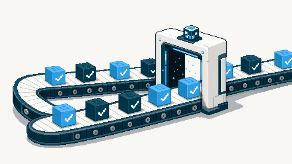 Pixel-art conveyor carrying a repeating series of completed task blocks.