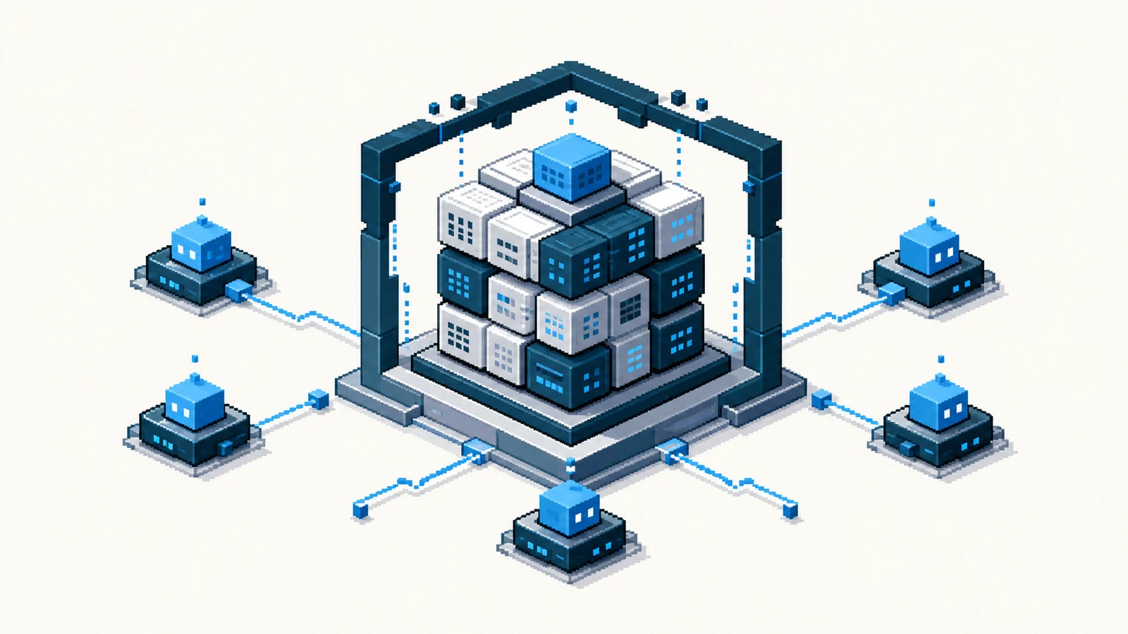 Pixel-art context archive linked to a group of agent nodes.