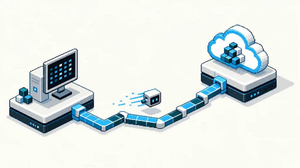 Pixel-art desktop and cloud runtime blocks connected by a single path.