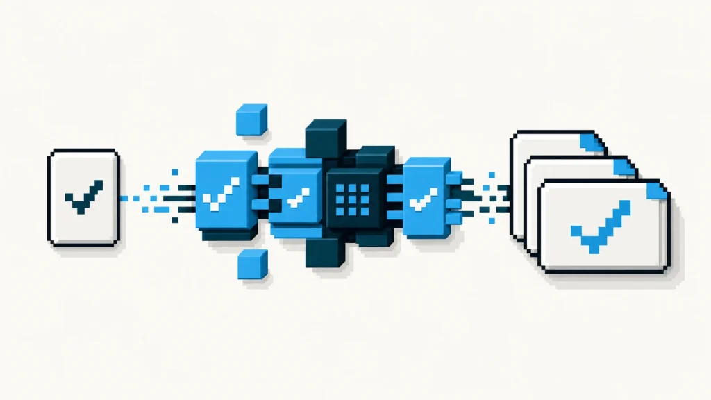 Pixel-art prompt card becoming a sequence of checked work packets.