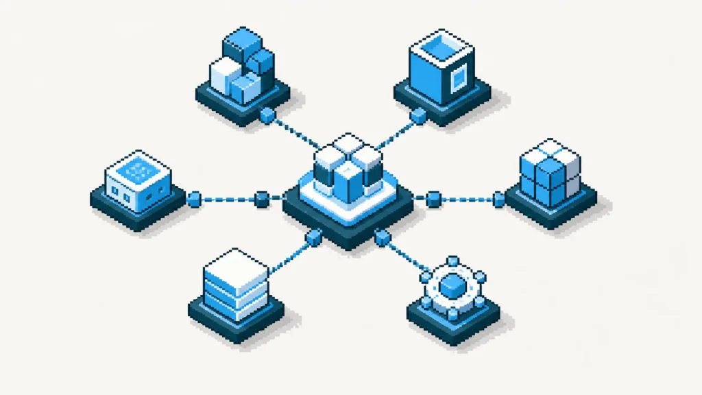 Pixel-art constellation of six connected agent nodes.