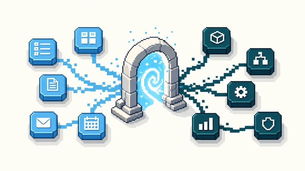 Pixel-art portal linking sky-blue and deep-teal task tiles.